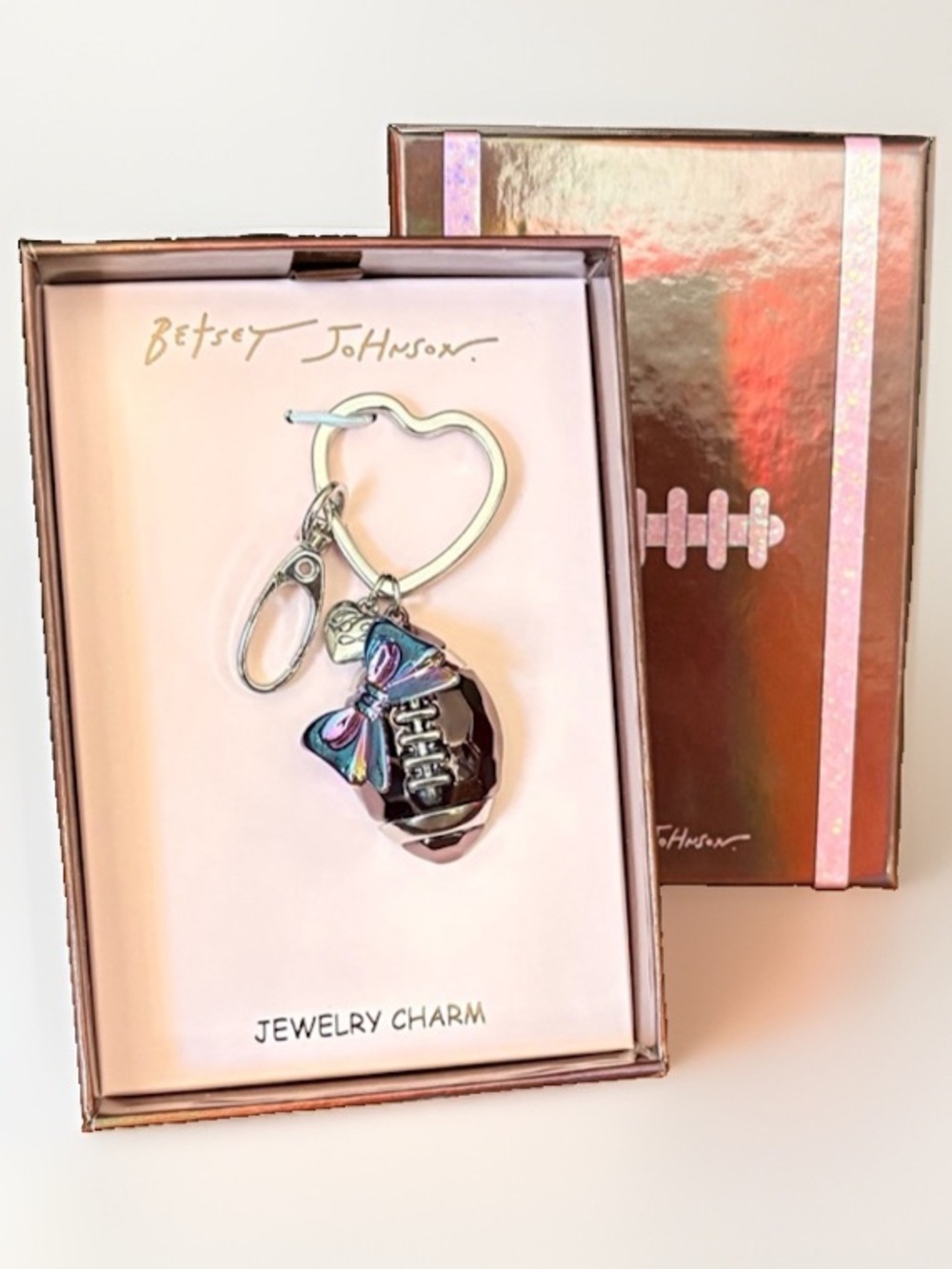 Betsey Johnson Football Bow Bag Charm Key Fob Keychain Heart Ring NIB